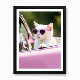 White Cat In Sunglasses Driving Pink Car, Preppy Aesthetic Art Print