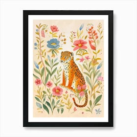 Folksy Floral Animal Drawing Jaguar 3 Art Print