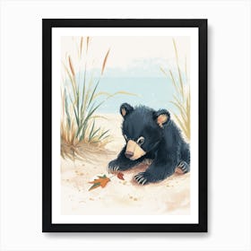 American Black Bear Cub Playing With A Fallen Leaf Storybook Illustration 4 Art Print