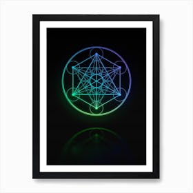 Neon Blue and Green Abstract Geometric Glyph on Black n.0321 Art Print