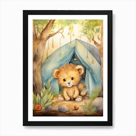 Camping Watercolour Lion Art Painting 3 Art Print