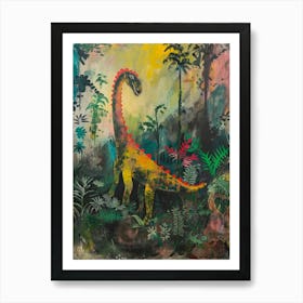 Colourful Dinosaur In The Leaves Painting 3 Art Print