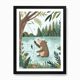 Sloth Bear Catching Fish In A Tranquil Lake Storybook Illustration 4 Art Print