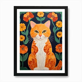 Orange Cat With Flowers Art Print