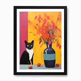 Sweet Pea Flower Vase And A Cat, A Painting In The Style Of Matisse 0 Art Print