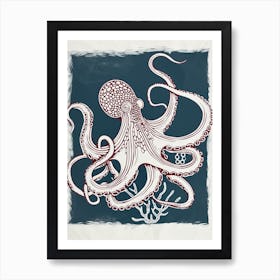 Retro Linocut Octopus With Blue Background 1 Art Print