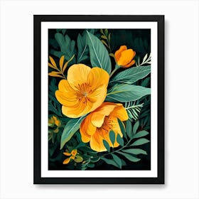 Yellow Flowers On A Black Background Art Print