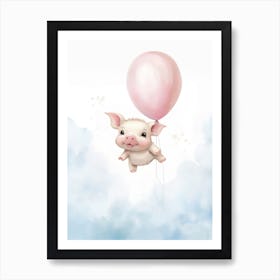 Baby Tea Cup Pig Flying With Ballons, Watercolour Nursery Art 3 Art Print