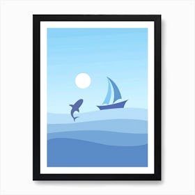 Shark And Boat In The Ocean Art Print