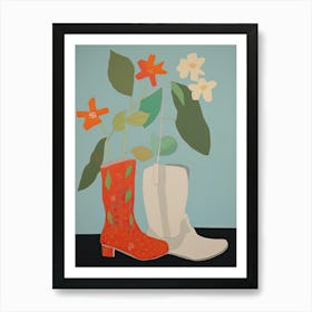 A Painting Of Cowboy Boots With Red Flowers, Pop Art Style 3 Art Print