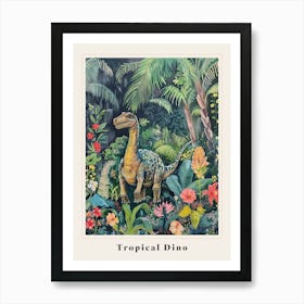 Dinosaur In Tropical Flowers Painting 1 Poster Art Print