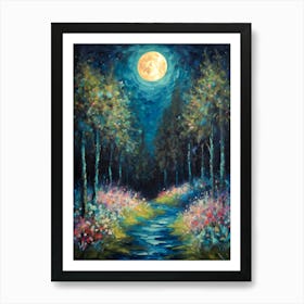 Full Moon Amongst Wildflowers Forest Path in the Mountains | Colorful Witchy Magical Print | Neutral Tones Country Art Pagan Scenery for Feature Wall Decor Meadow Painting in HD Art Print