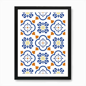 Blue And Orange Floral Pattern - Azulejo - vector tiles, Portuguese tiles Poster