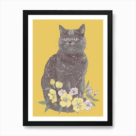 Cute British Shorthair Cat With Flowers Illustration 1 Art Print