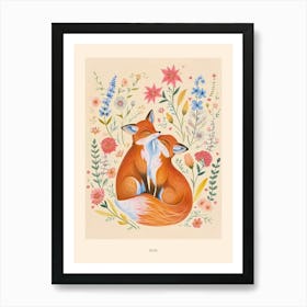 Folksy Floral Animal Drawing Fox 2 Poster Art Print