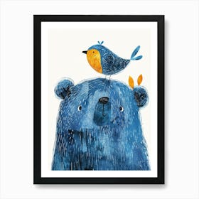Small Joyful Bear With A Bird On Its Head 16 Art Print