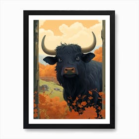 Animated Black Bull In Autumnal Highland Setting 4 Art Print
