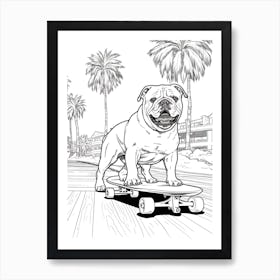 English Bulldog Dog Skateboarding Line Art 1 Art Print