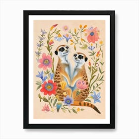 Folksy Floral Animal Drawing Meerkat Art Print