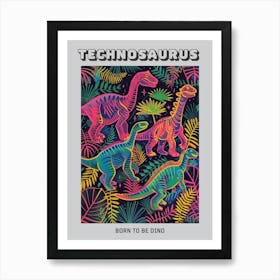 Dinosaur Neon Leaf Pattern Poster Art Print