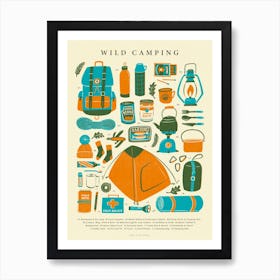 Retro Wild Camping Kit Art Print in Blue, Orange and Cream | Vintage Camping Poster | Adventure and Outdoor Nostalgic Graphic Illustration Art Print