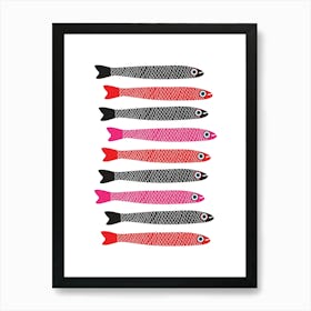 ANCHOVIES Retro Swimming Fish Horizontal in Black Fuchsia Pink and Red on White Art Print