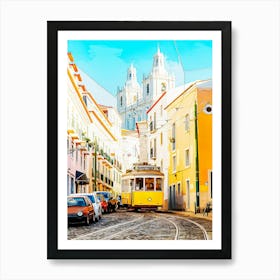 Yellow Tram On The Narrow Street Of Alfama District In Lisbon, Portugal Art Print