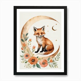 Floral Cute Fox Watercolor Moon Paining (27) Art Print