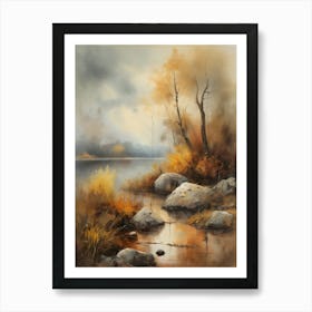 Autumn Lake,Forest Lake, Vintage Oil Painting, Farmhouse Wall Decorations, Antique Landscape, Vintage Landscape Oil Painting.4 Art Print