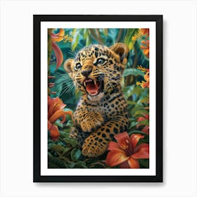 A Happy Front faced Leopard Cub In Tropical Flowers 2 Art Print