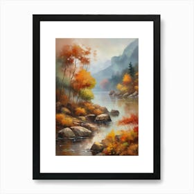 Autumn Lake,Forest Lake, Vintage Oil Painting, Farmhouse Wall Decorations, Antique Landscape, Vintage Landscape Oil Painting.11 1 Art Print