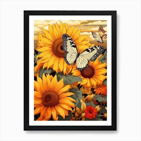 Butterflies With Sunflowers 1 Art Print