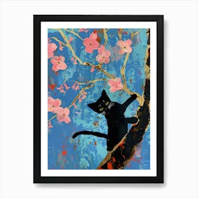 Cat Print Coral Cherry Tree Blossom Still Life Funny Art Print