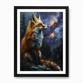 Fox In The Night Sky, Bichromatic, Surrealism, Impressionism Art Print