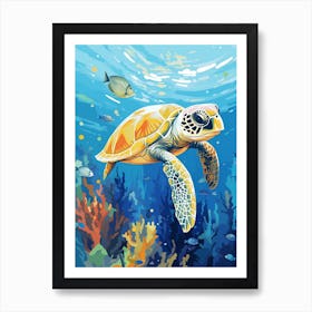 Block Colour Turtle Swimming Aqua 4 Art Print