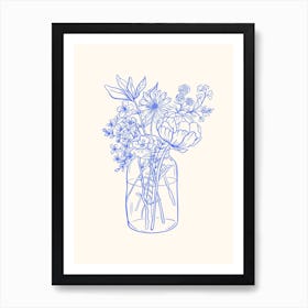 Blue Line Drawing Flowers Art Print