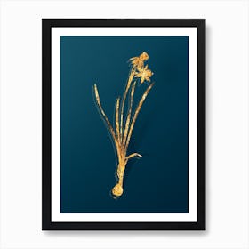 Vintage Narcissus Calathinus Botanical in Gold on Teal Blue Art Print