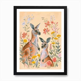 Folksy Floral Animal Drawing Kangaroo 4 Art Print