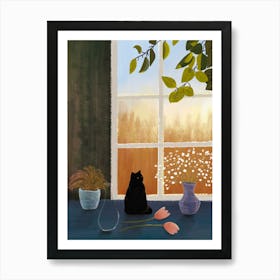 Black Cat By The Window Art Print