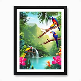 Colorful Parrots In The Jungle Art Print