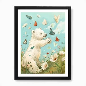 Polar Bear Cub Playing With Butterflies Storybook Illustration 3 Art Print