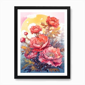 Peony With Sunset In Watercolors (7) Art Print