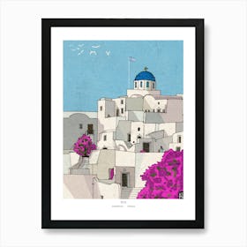 Oia Santorini Greece Art Print - Whimsical Wall Art - Santorini Travel Illustration Gift Art Print