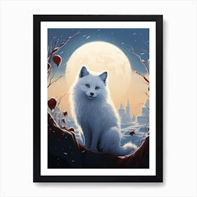 Arctic Fox Moon Playful Illustration 4 Art Print