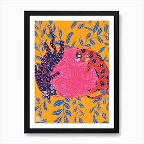 Blue And Red Cats, Ball, Plants Art Print