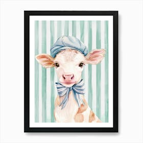 Cow In A Hat and Tie Bow. Whimsical Vintage Illustration, Kids Room Art Print