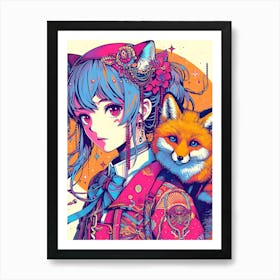 Pretty Anime Girl with Fox 6 Art Print