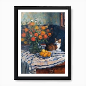 Flower Vase Aster With A Cat 3 Impressionism, Cezanne Style Art Print