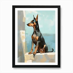 Doberman Pinscher Dog, Painting In Light Teal And Brown 1 Art Print