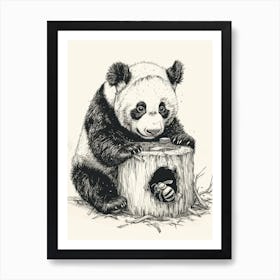 Giant Panda Cub Playing With A Beehive Ink Illustration 1 Art Print